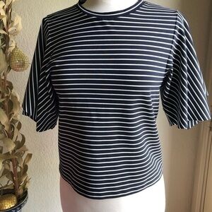 Club Monaco dark navy and white striped flutter sleeve top
